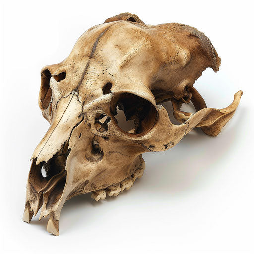 Ancient mammal skull on white background, John Holcroft style