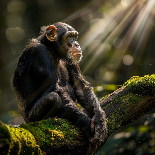 Chimpanzee sitting on moss-covered branch with sunlight rays