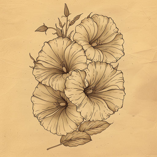 Vintage-style tattoo sketch of morning glory with sepia tones and detailed linework