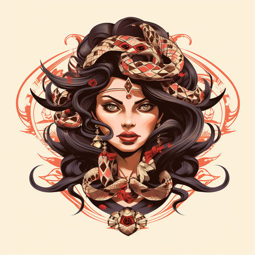 Fashion tattoo woman shamanic origin, female snake, beige pink