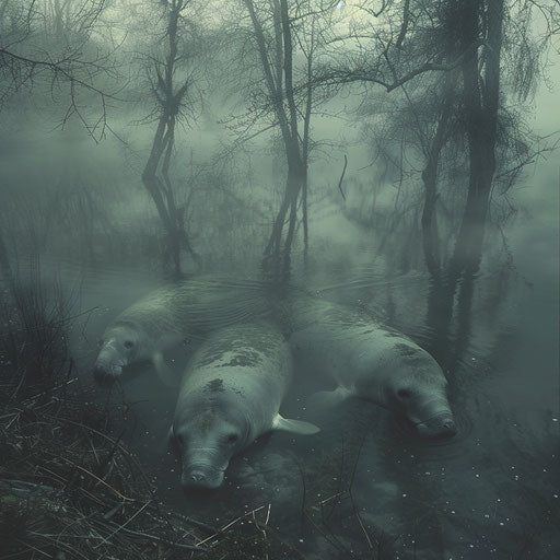 Manatees in a murky river, mysterious and atmospheric, in the style of Vincent Munier