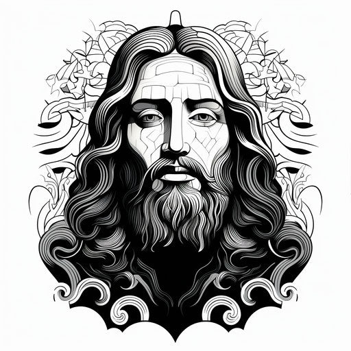 Black and white graphic design of Jesus' head