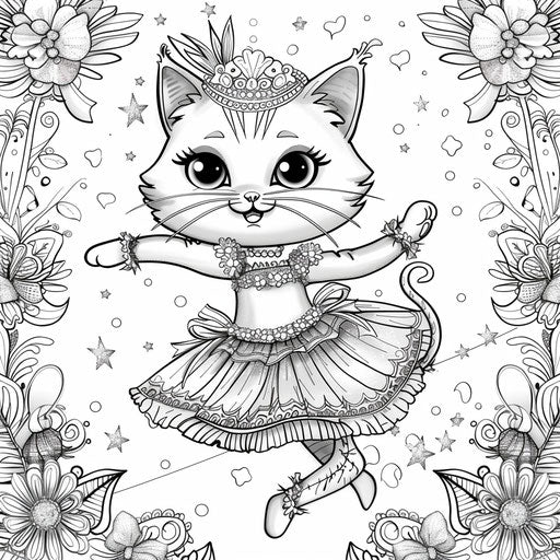 Cartoon cat dancing in ballet tutu. Coloring page