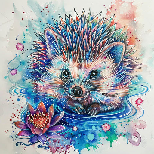 Retro tattoo sketch of a hedgehog inspired by 1960s art with psychedelic colors