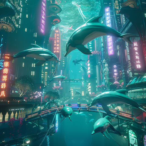 Futuristic underwater city with swimming dolphins