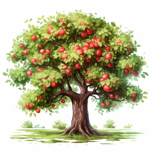 Apple tree illustration in the style of oil painting, on white background