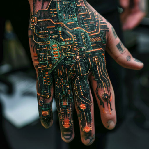 Hand tattoo designs with a cyberpunk theme, in the style of Adrian Smith