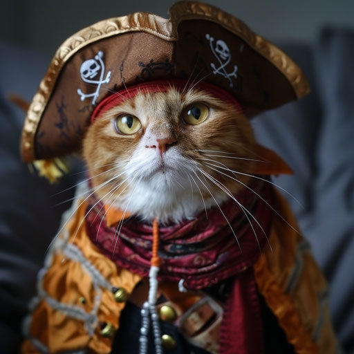 Pirate cat with cape hat, maroon-amber style, icepunk