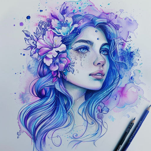 Ethereal tattoo sketch of Aphrodite with soft watercolor washes in celestial blues and purples