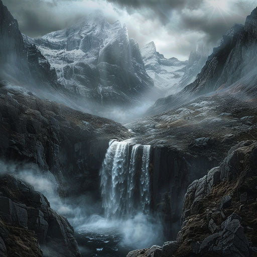 Waterfall with rugged terrain and moody atmosphere