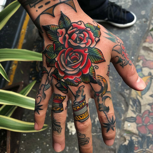 Men's hand tattoo with traditional roses and banners