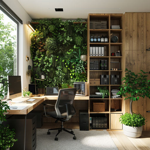 Sustainable home office with recycling station and greenery
