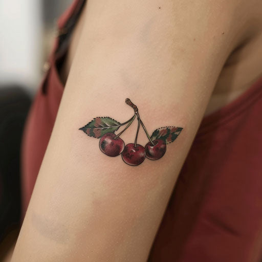 Military-inspired cherry tattoo with camouflage pattern on white