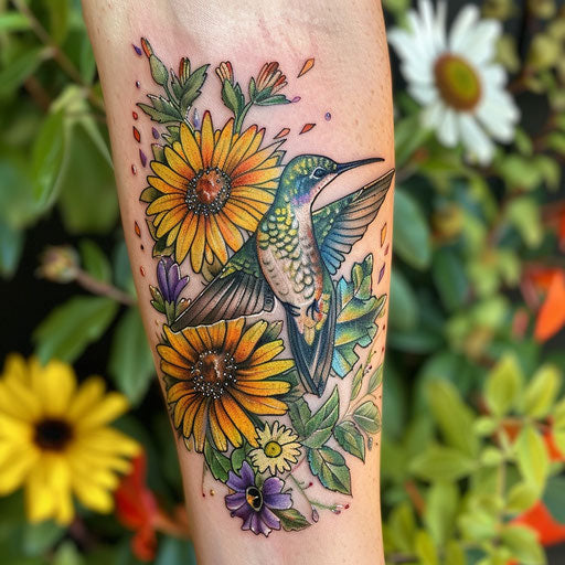 Wildflower tattoo with hummingbird, vibrant colors, dynamic composition