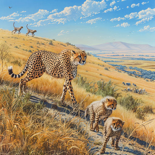 Cheetah mother teaching cubs to hunt in savannah hills.