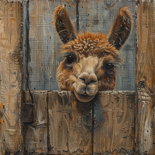 Curious alpaca behind a rustic fence
