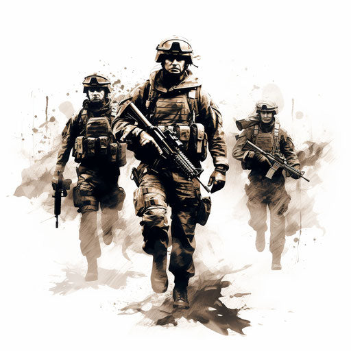 Military clipart in the style of Chiaroscuro Art, on white background