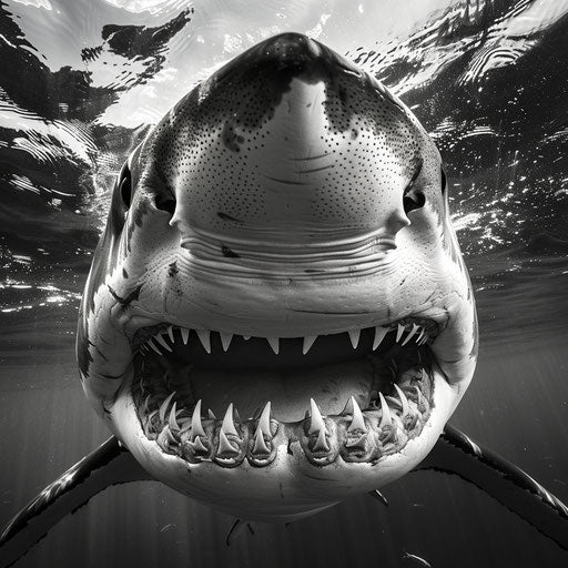 Great white shark with open mouth displaying rows of teeth