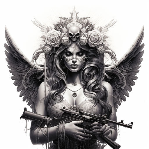 Angel woman with guns skull tattoo, ephemeral style, elite, christcore