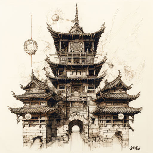 Asian temple with two towers and many clocks