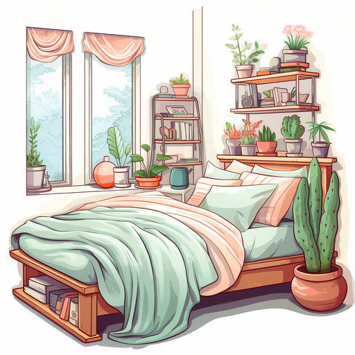 Bedroom illustration in the style of Pastel Colors Art