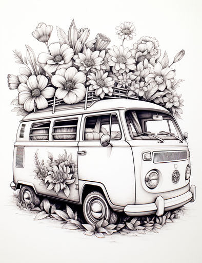 Flower-filled camper van in the style of Tristan Eaton