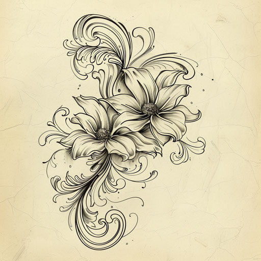 Dynamic tattoo sketch of October birth flowers in a swirling art nouveau style