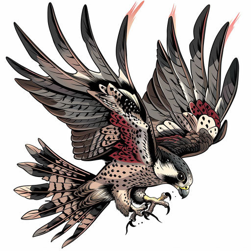 Falcon hunting prey in modern tattoo style on white background