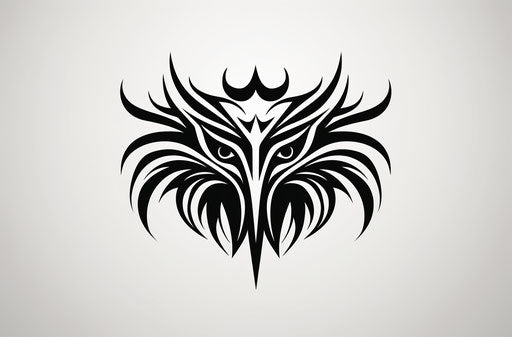 Black and white tribal bird logo, ominous intense style