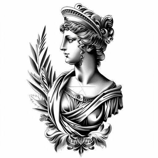 Elegant black and grey tattoo illustration of a Roman goddess