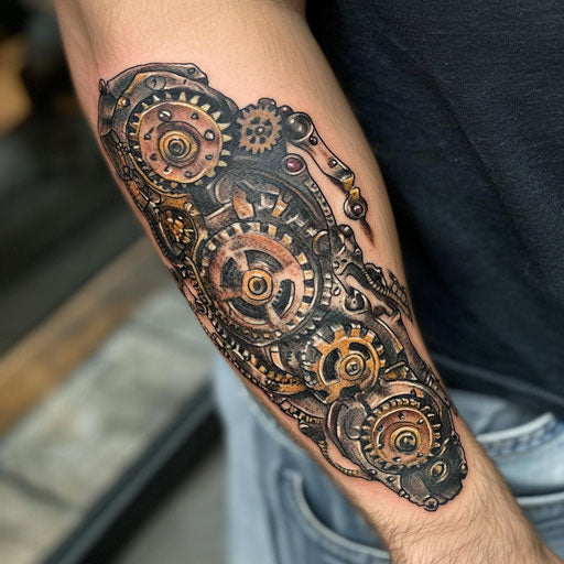 Steampunk-inspired inner arm tattoo with gears and cogs