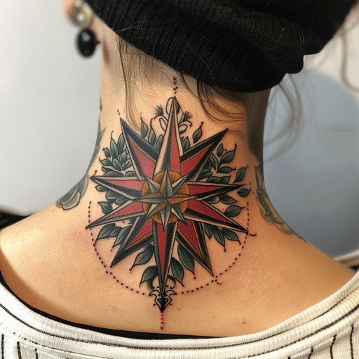 Neck tattoos for women in the style of Sailor Jerry featuring a nautical star