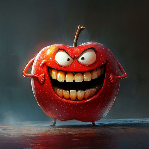 Humorous caricature of a red apple caricature clipart with human characteristics, exaggerated toothy teeth, long arms, glowing, vibrant colors, cartoon style, surprised, high-resolution, no background, isolated