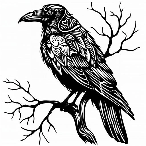 Tattoo sketch of a raven perched on a branch, with intricate feather details, in clipart style, flat black ink