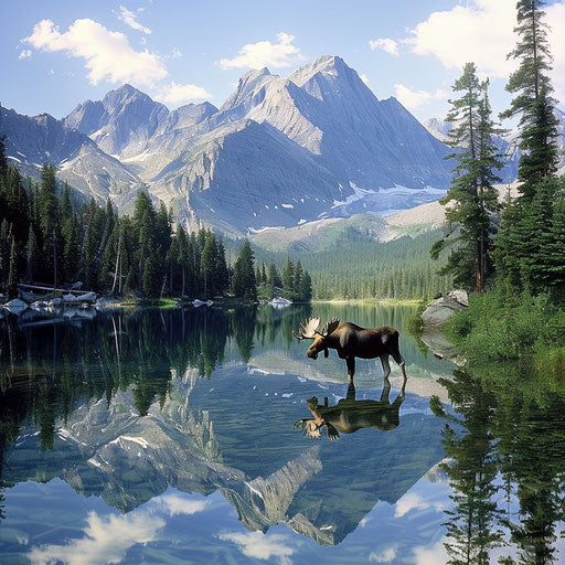 A moose and its reflection in a crystal-clear mountain lake