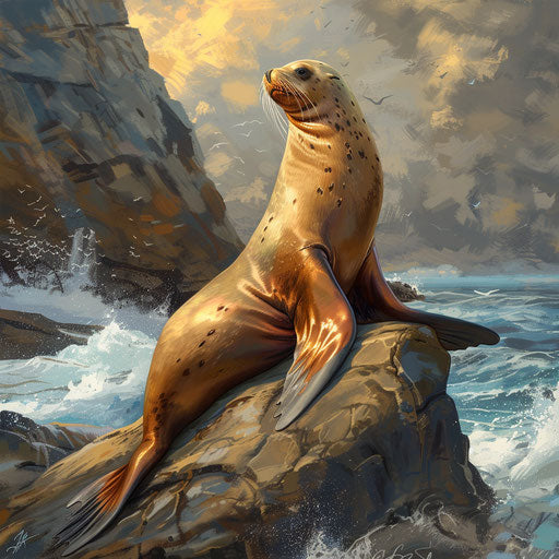 Sea lion on rocky shore, vibrant and detailed