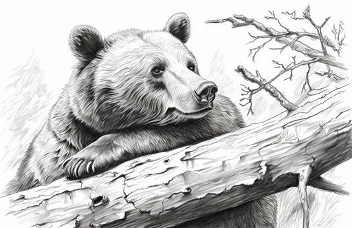 Coloring page bear tree, watercolorist style, lovely pensive poses