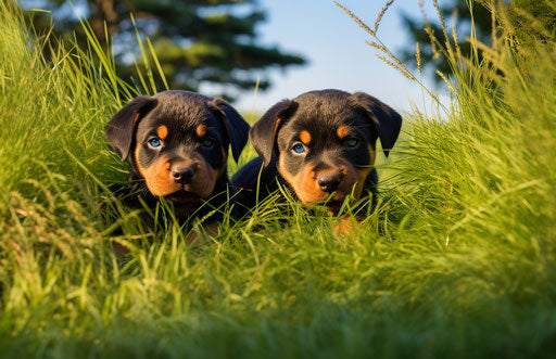 Rottweiler puppies in the grass, dark green and orange style