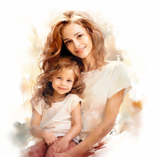 Mother and daughter clipart in the style of oil painting, on white background