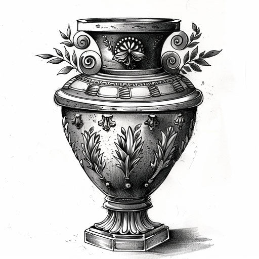 Ornamental Greek urn tattoo design on white background