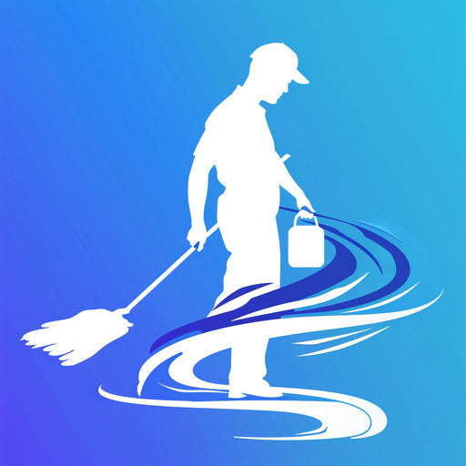 Cleaning company logo in white and blue on gradient background