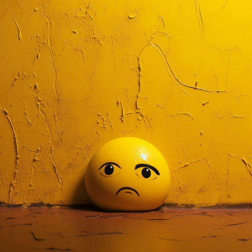 Sad emotion on yellow background, flickr style, shiny, contrasting, zany