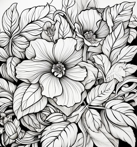 Flowers and leaves in black and white - Coloring book