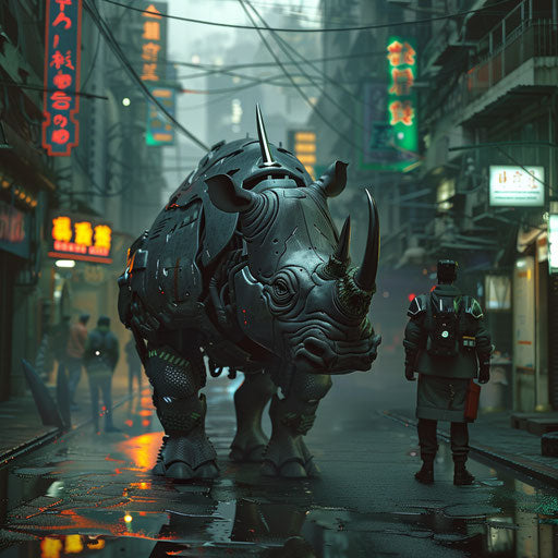 Cybernetic rhino in a dystopian cityscape