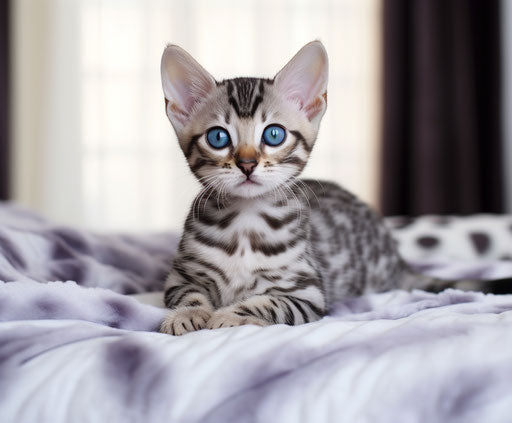 Baby Bengal cat on a bed, bold colorism style
