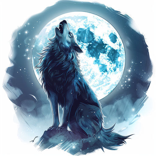 Anime-inspired wolf howling at the moon with mystical aura