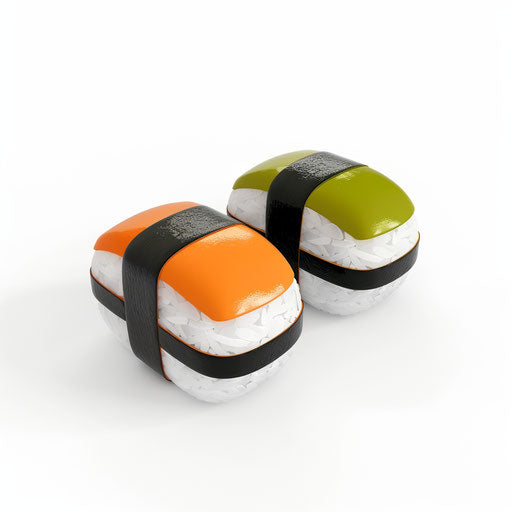 Sushi icon, simple style, white background, no shadow, orange and green colors