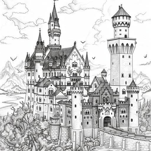 Detailed medieval castle, Gennady Spirin style, coloring page
