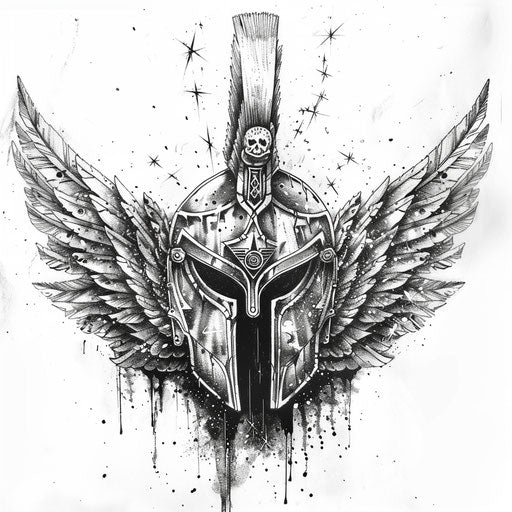 Celestial spartan helmet with angelic wings and celestial bodies