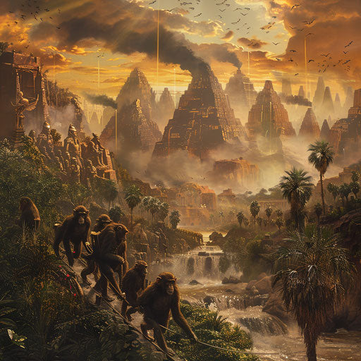Monkeys embarking on a journey through ancient landscapes